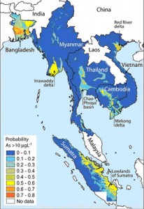 Fig. 5 - Probabilità di presenza di dosi elevate di arsenico nell’acqua di falda a bassa profondità nel Sud-Est Asiatico